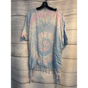 Rainbow Tie-Dye Fringe Kaftan V-Neck Top Womens One Size